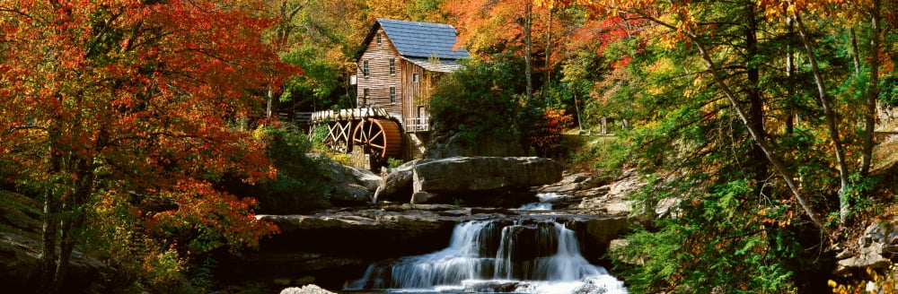Panoramic of Glade Creek Grist Mil and autumn reflections and waterfall in Babcock State Park WV Canvas Art - Panoramic Images (27 x 9)