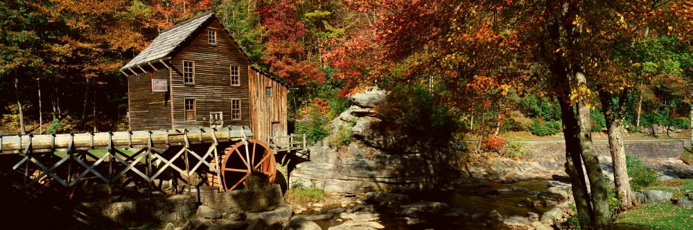 Panoramic of Glade Creek Grist Mil and autumn reflections and waterfall in Babcock State Park WV Canvas Art - Panoramic Images (27 x 9)
