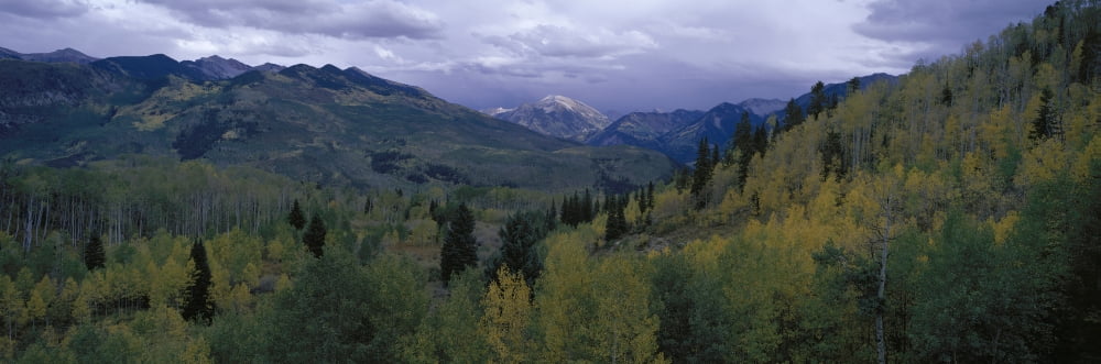 Panoramic of autumn color with storm coming from McClure Pass south of Carbondale Colorado off Route 133 Canvas Art - Panoramic Images (36 x 12)