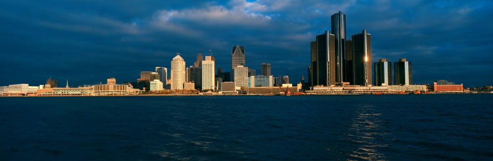 Panoramic sunrise view of Renaissance Center Detroit MI Canvas Art - Panoramic Images (36 x 12)
