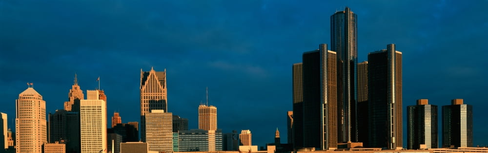 Panoramic sunrise view of Renaissance Center Detroit MI Canvas Art - Panoramic Images (36 x 12)