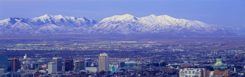 Panoramic sunset of Salt Lake City with snow capped Wasatch Mountains Canvas Art - Panoramic Images (27 x 9)