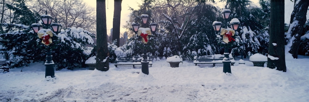 Panoramic view of Christmas wreath on lampposts in Central Park Manhattan New York City following winter snowstorm Canvas Art - Panoramic Images (27 x 9)