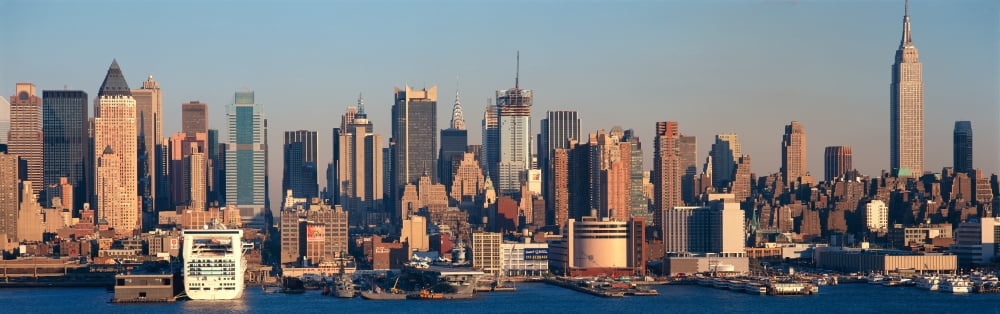Panoramic view of Empire State Building and Manhattan NY skyline with Hudson River and harbor shot from Weehawken NJ Canvas Art - Panoramic Images (27 x 9)