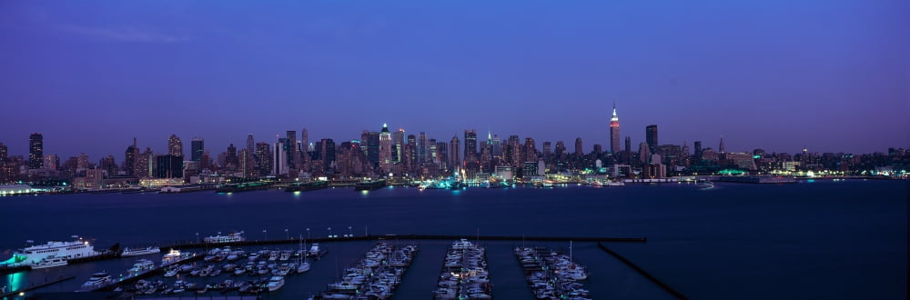 Panoramic view of Empire State Building and Manhattan NY skyline with Hudson River and harbor shot from Weehawken NJ Canvas Art - Panoramic Images (36 x 12)