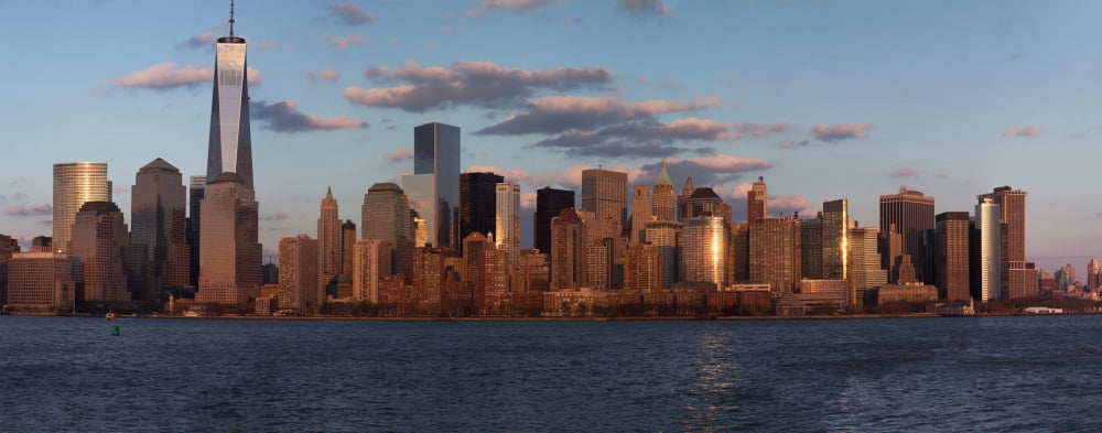 Panoramic view of New York City Skyline on water featuring One World Trade Center (1WTC) Freedom Tower New York City New York USA City New York USA Canvas Art - Panoramic Images (36 x 12)