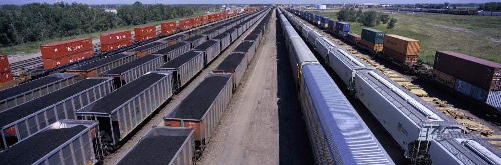 Panoramic view of freight cars at Union Pacifics Bailey Railroad Yards North Platte Nebraska the worlds largest classification railroad yard Canvas Art - Panoramic Images (27 x 9)