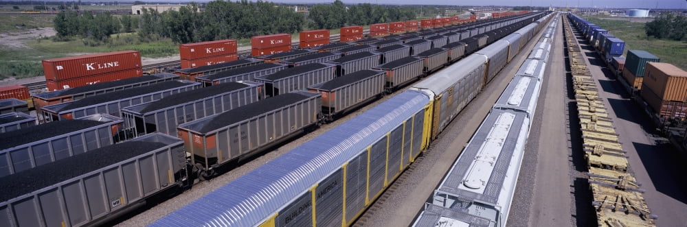Panoramic view of freight cars at Union Pacifics Bailey Railroad Yards North Platte Nebraska the worlds largest classification railroad yard Canvas Art - Panoramic Images (36 x 12)