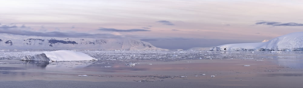 Panoramic view of mountain range covered by glaciers at sunrise in the Gerlache Strait Antarctic Peninsula Canvas Art - Daisy Gilardini Design Pics (28 x 8)