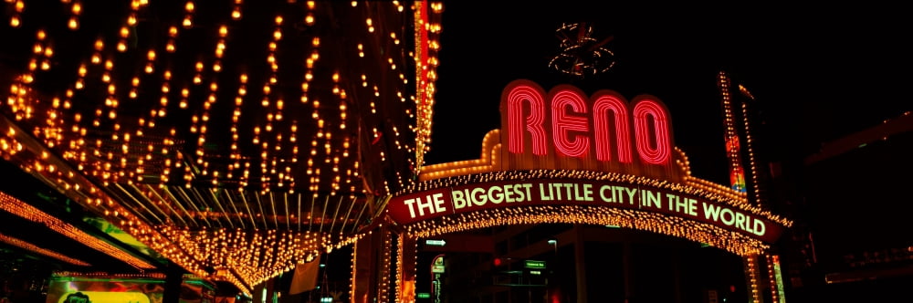 Panoramic view of Biggest Little City in America Reno Nevada neon lights and casinos Canvas Art - Panoramic Images (36 x 12)