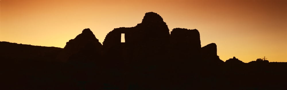 Panoramic view of Chaco Canyon Indian ruins at sunset Northwestern NM Canvas Art - Panoramic Images (27 x 9)