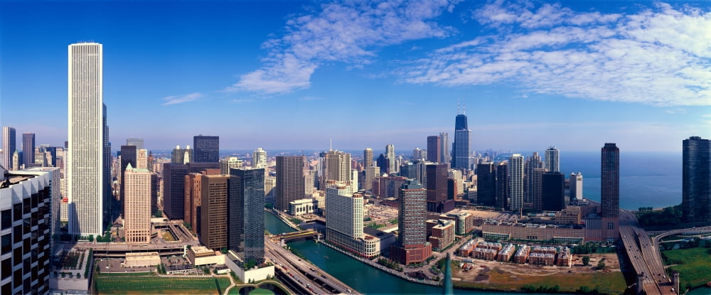Panoramic view of Chicago River and Chicago skyline IL Canvas Art - Panoramic Images (36 x 12)