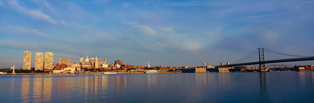 Panoramic view of Delaware River as seen from Camden New Jersey of Philadelphia PA at sunrise Canvas Art - Panoramic Images (36 x 12)