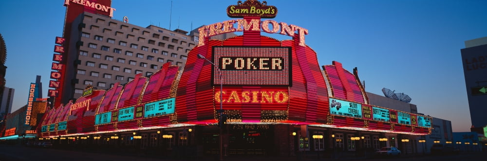 Panoramic view of Fremont Casino and Neon sign at dusk in Las Vegas NV Canvas Art - Panoramic Images (36 x 12)