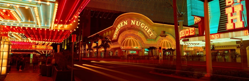 Panoramic view of Golden Nugget Casino and neon sign in Las Vegas NV Canvas Art - Panoramic Images (36 x 12)