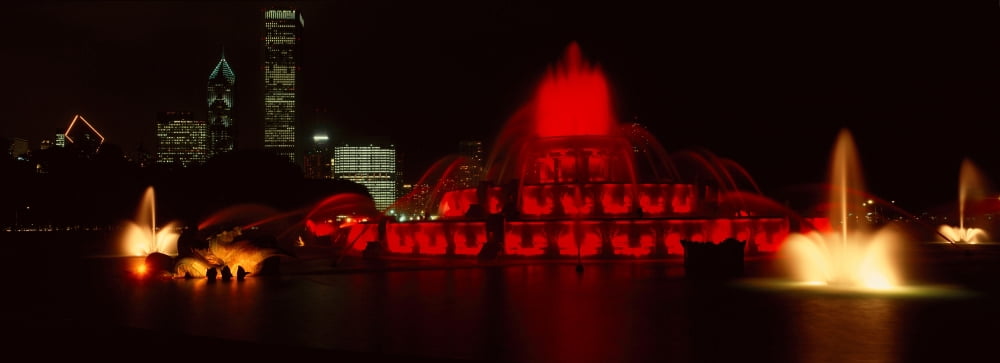 Panoramic view of Grant Park and Buckingham Fountain at night Chicago IL Canvas Art - Panoramic Images (36 x 12)