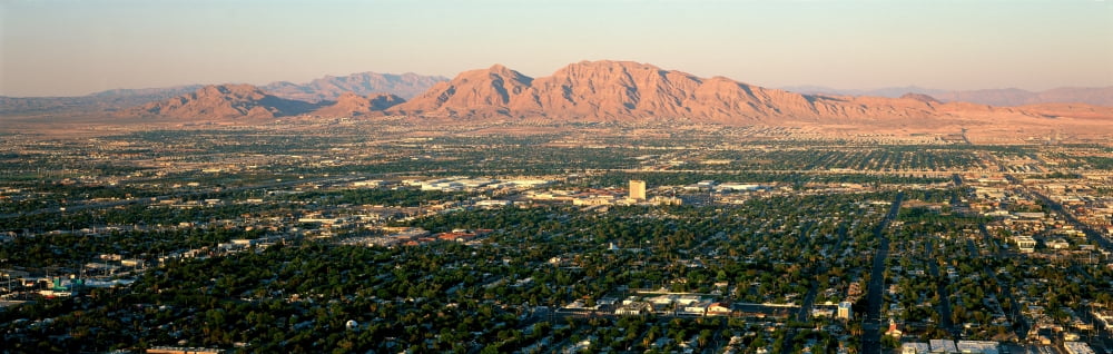 Panoramic view of Las Vegas Nevada Gambling City at sunset Canvas Art - Panoramic Images (27 x 9)