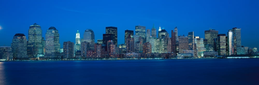 Panoramic view of Lower Manhattan and Hudson River at dusk where World Trade Towers were located NY Canvas Art - Panoramic Images (36 x 12)