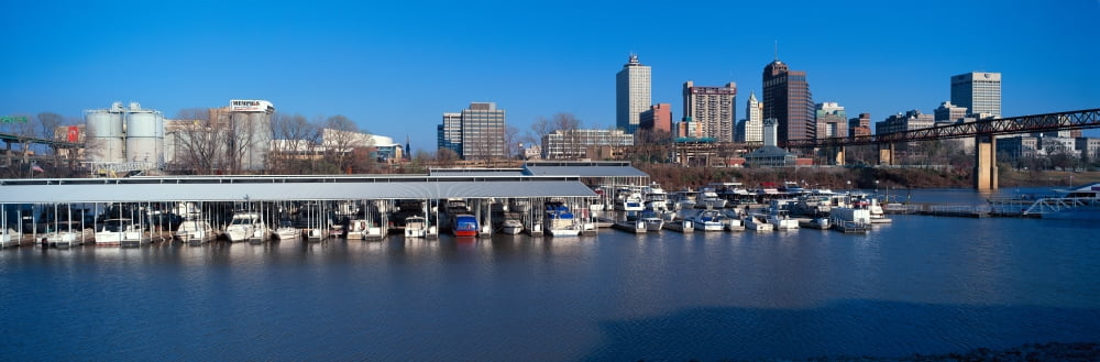 Panoramic view of Memphis TN skyline from Mississippi River with marina in foreground Canvas Art - Panoramic Images (27 x 9)