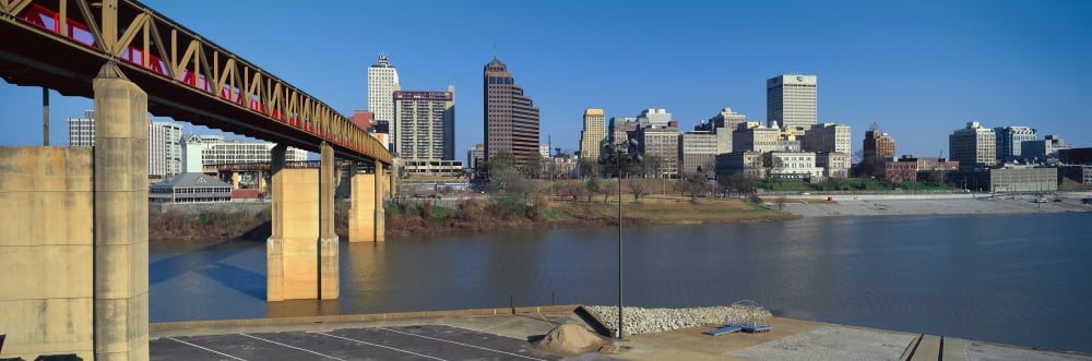 Panoramic view of Memphis TN skyline from bottom of bridge over the Mississippi River Canvas Art - Panoramic Images (27 x 9)