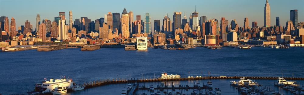 Panoramic view of Midtown Manhattan NY skyline with Hudson River and harbor shot from Weehawken NJ Canvas Art - Panoramic Images (27 x 9)