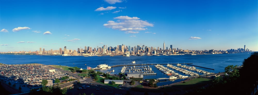 Panoramic view of Midtown Manhattan NY skyline with Hudson River and harbor shot from Weehawken NJ Canvas Art - Panoramic Images (27 x 9)