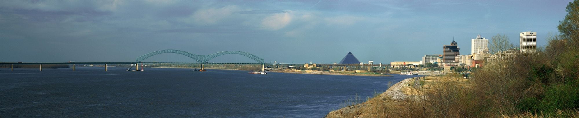 Panoramic view of Mississippi River with Bridge and Pyramid Sports Arena Memphis TN Canvas Art - Panoramic Images (27 x 9)