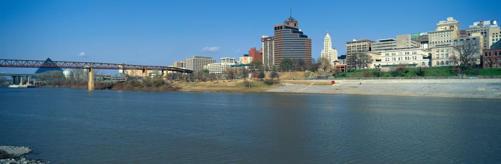 Panoramic view of Mississippi River with Bridge and Pyramid Sports Arena Memphis TN Canvas Art - Panoramic Images (36 x 12)