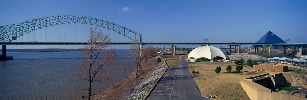 Panoramic view of Mississippi River with Bridge and The Pyramid Sports Arena in skyline Memphis TN Canvas Art - Panoramic Images (36 x 12)