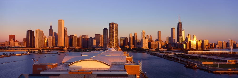 Panoramic view of Navy Pier and Chicago skyline at sunrise Chicago IL Canvas Art - Panoramic Images (36 x 12)