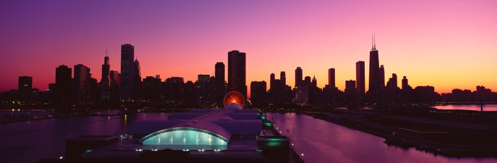 Panoramic view of Navy Pier and Chicago skyline at sunset Chicago IL Canvas Art - Panoramic Images (27 x 9)