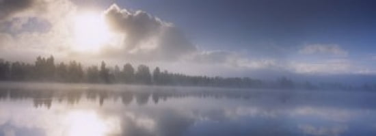Panoramic view of a river at dawn Vuoski River Imatra Finland Canvas Art - Panoramic Images (36 x 13)