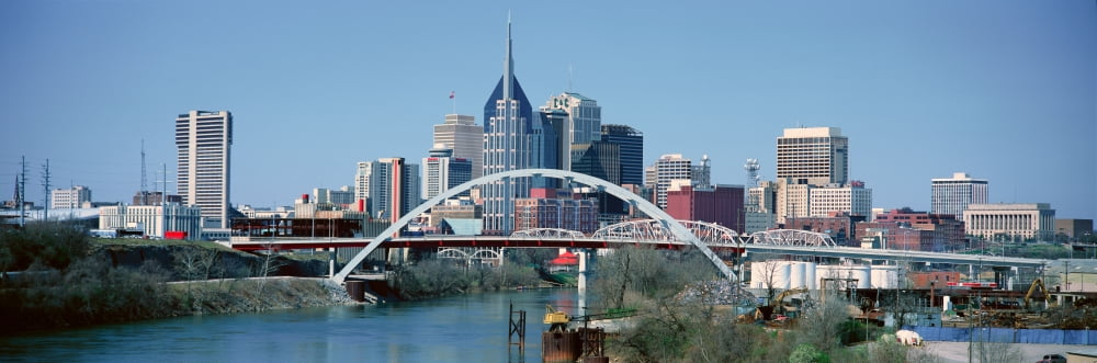 Panoramic view of bridge over Cumberland River and Nashville Skyline TN Canvas Art - Panoramic Images (36 x 12)