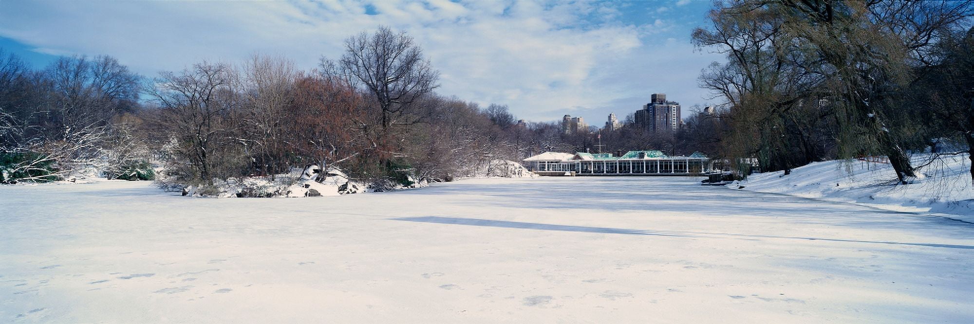 Panoramic view of frozen pond in Central Park Manhattan New York City NY after winter snowstorm Canvas Art - Panoramic Images (27 x 9)