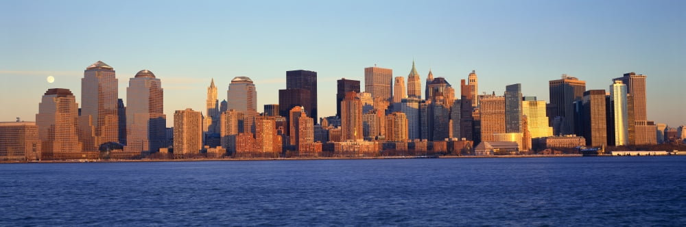 Panoramic view of full moon rising over lower Manhattan skyline NY where World Trade Towers were located Canvas Art - Panoramic Images (36 x 12)