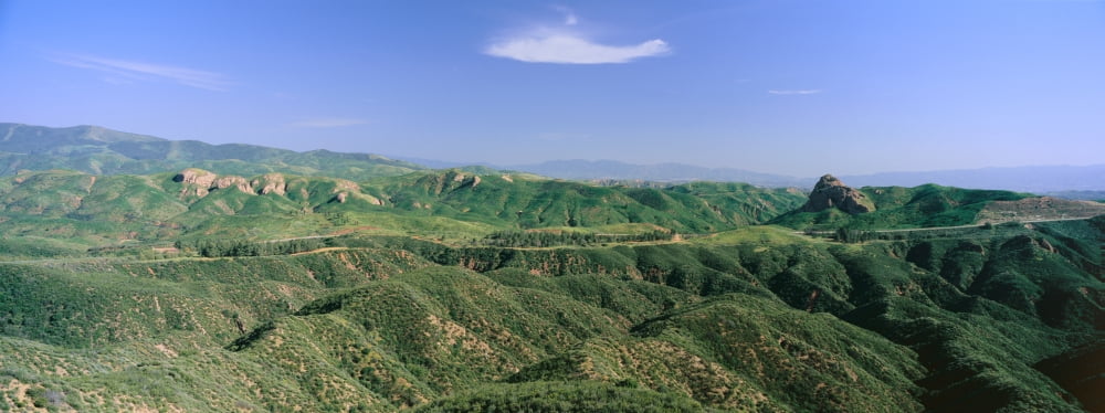 Panoramic view of green rolling hills on way to Lake Hughes and Lake Castaic California Canvas Art - Panoramic Images (27 x 9)