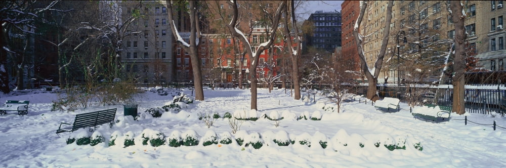 Panoramic view of historic homes and Gramercy Park Manhattan New York City New York after winter snowstorm Canvas Art - Panoramic Images (36 x 12)