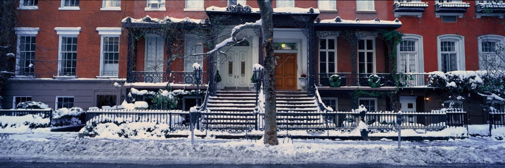 Panoramic view of historic homes and Gramercy Park Manhattan New York City New York after winter snowstorm Canvas Art - Panoramic Images (36 x 12)