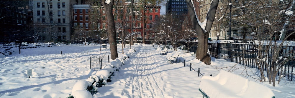 Panoramic view of historic homes and Gramercy Park Manhattan New York City New York after winter snowstorm Canvas Art - Panoramic Images (36 x 12)