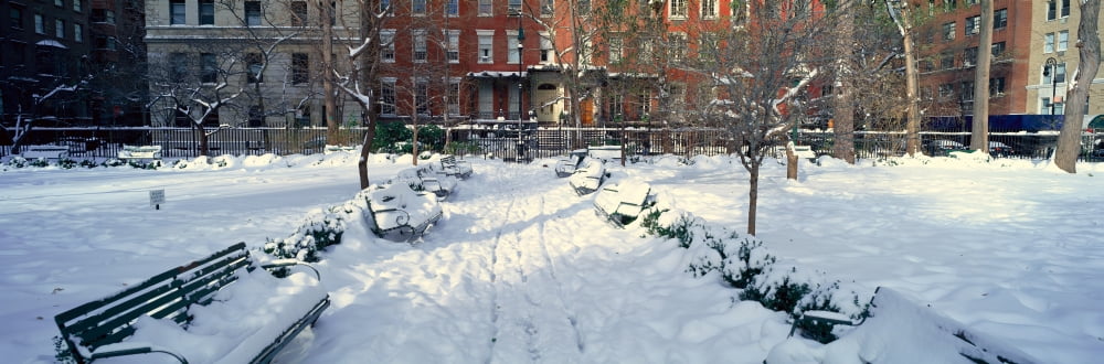 Panoramic view of historic homes and Gramercy Park Manhattan New York City New York after winter snowstorm Canvas Art - Panoramic Images (36 x 12)