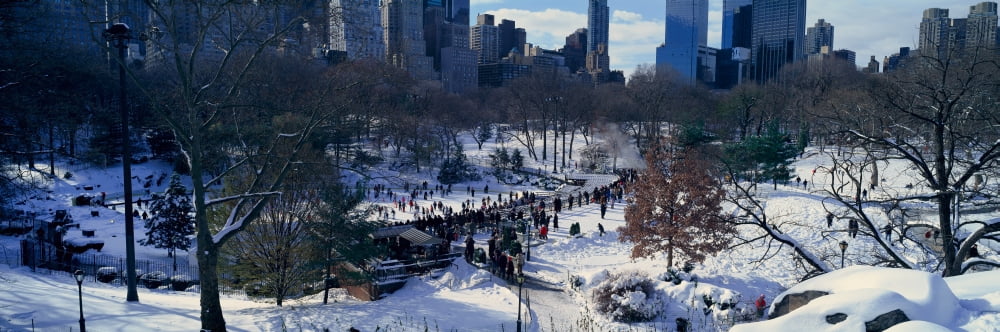 Panoramic view of ice skating Wollman Rink in Central Park Manhattan New York City NY after winter snowstorm Canvas Art - Panoramic Images (27 x 9)