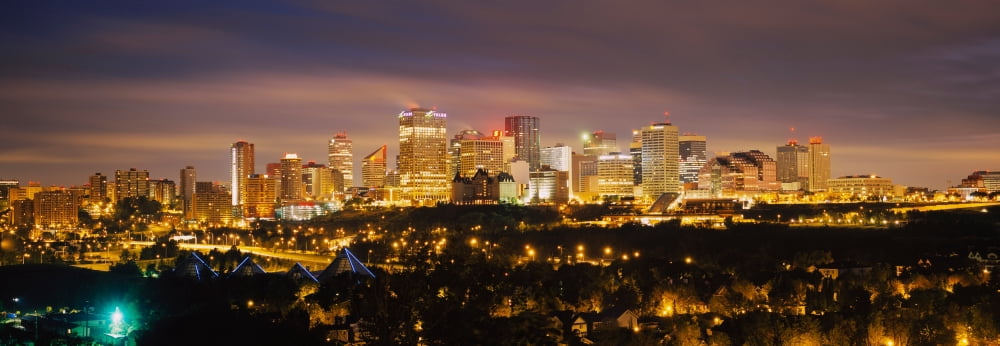 Panoramic view of illuminated building at night Edmonton Alberta Canada Canvas Art - Panoramic Images (12 x 36)