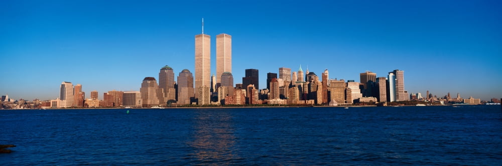 Panoramic view of lower Manhattan and Hudson River New York City skyline NY with World Trade Towers at sunset Canvas Art - Panoramic Images (27 x 9)