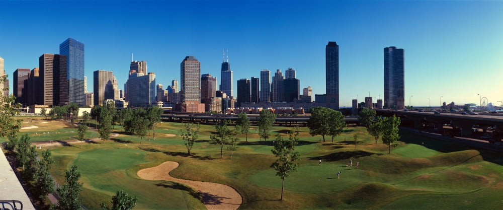 Panoramic view of the city skyline from the Metro Golf Illinois Center IL Canvas Art - Panoramic Images (27 x 9)