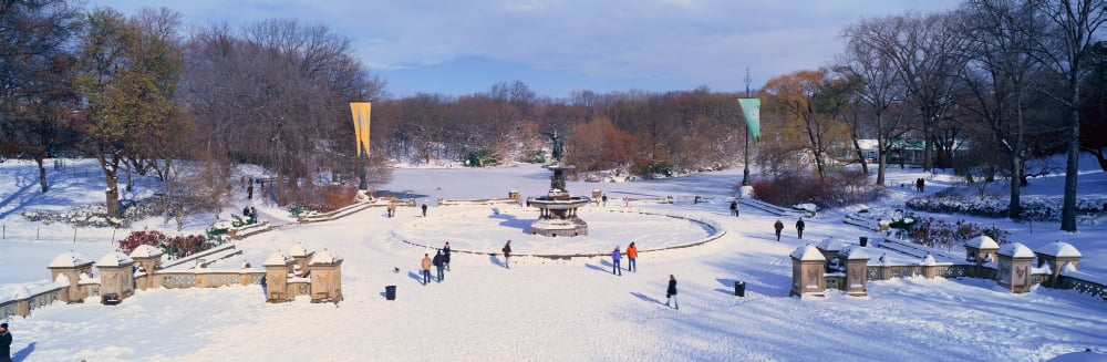 Panoramic view of water fountain covered with fresh winter snow in Central Park Manhattan New York City Canvas Art - Panoramic Images (36 x 12)