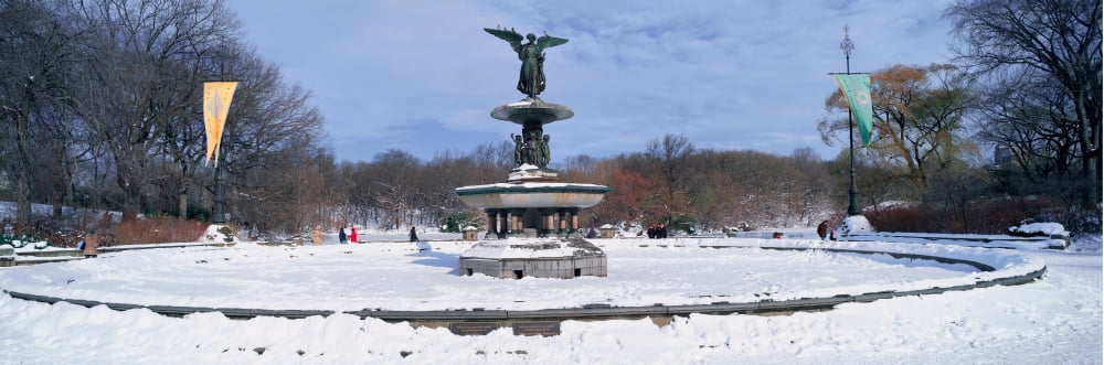 Panoramic view of water fountain covered with fresh winter snow in Central Park Manhattan New York City Canvas Art - Panoramic Images (36 x 12)