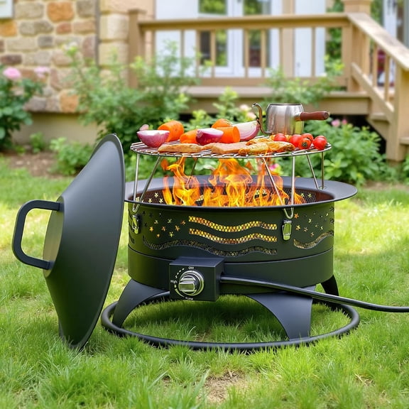 24 Inch Portable Propane Fire Pit with Grill & Adjustable Flame | 60000 BTU Gas Firebowl, Lava Rocks, Smokeless, for Backyard Camping & Gatherings