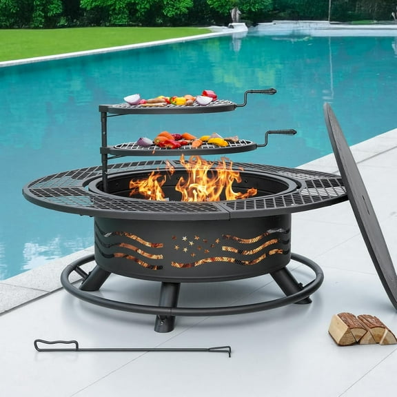Panovue 47 Inch Fire Pit with 2 Cooking Grates, Outdoor Wood Burning BBQ Grill Firepit Bowl with Cover Lid, Steel Round Table for Backyard Bonfire Patio Picnic (Black, 47IN)