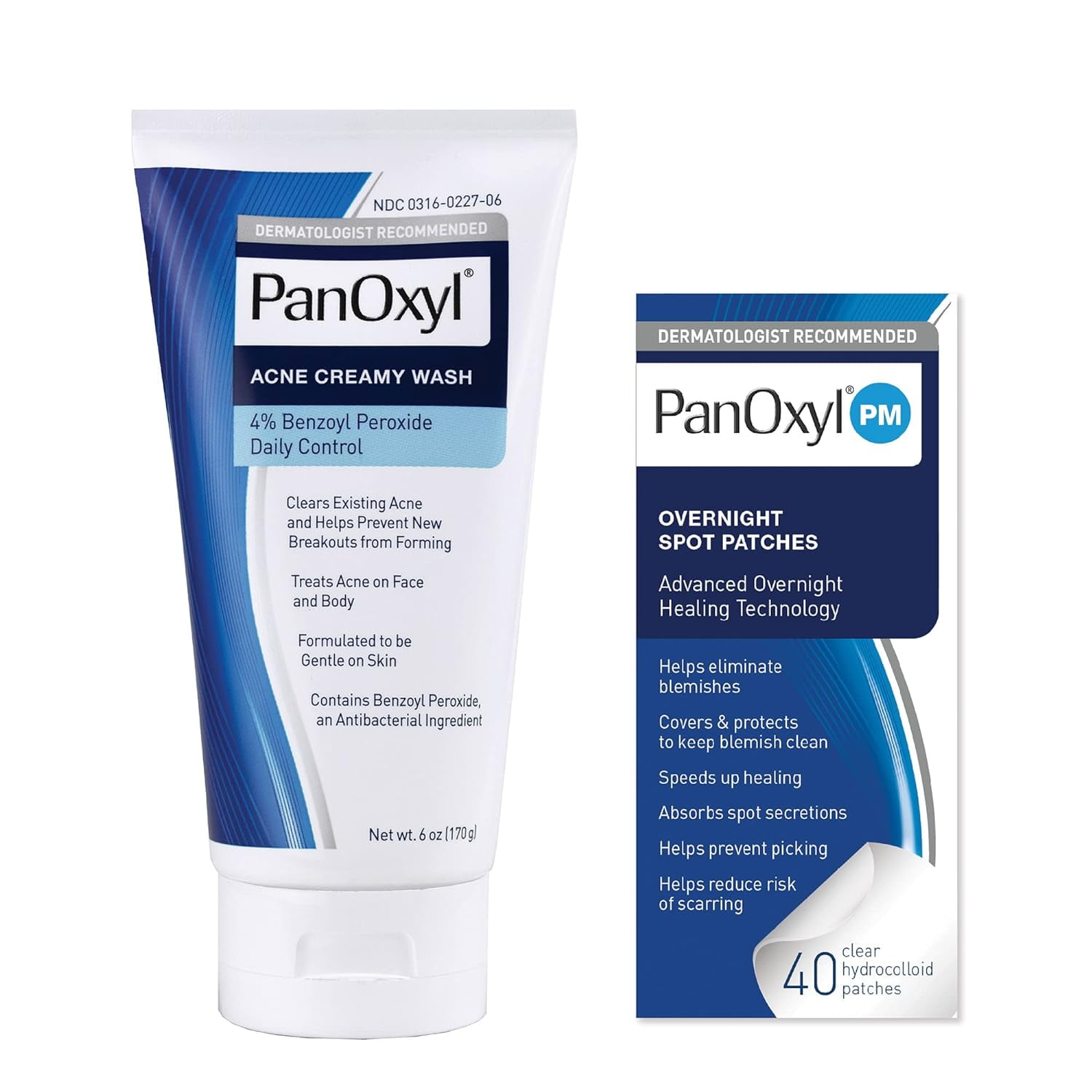 Panoxyl Acne Wash 4 Bundle with PM Patches, Cleanser 4 Wash & 40
