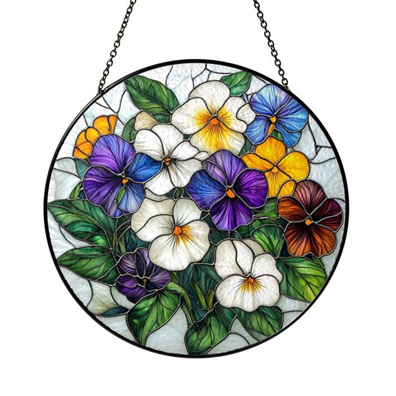 Pansies Floral Stained Glass Suncatcher Circular Window Art, Spring Garden Sun Catcher Accent for Home